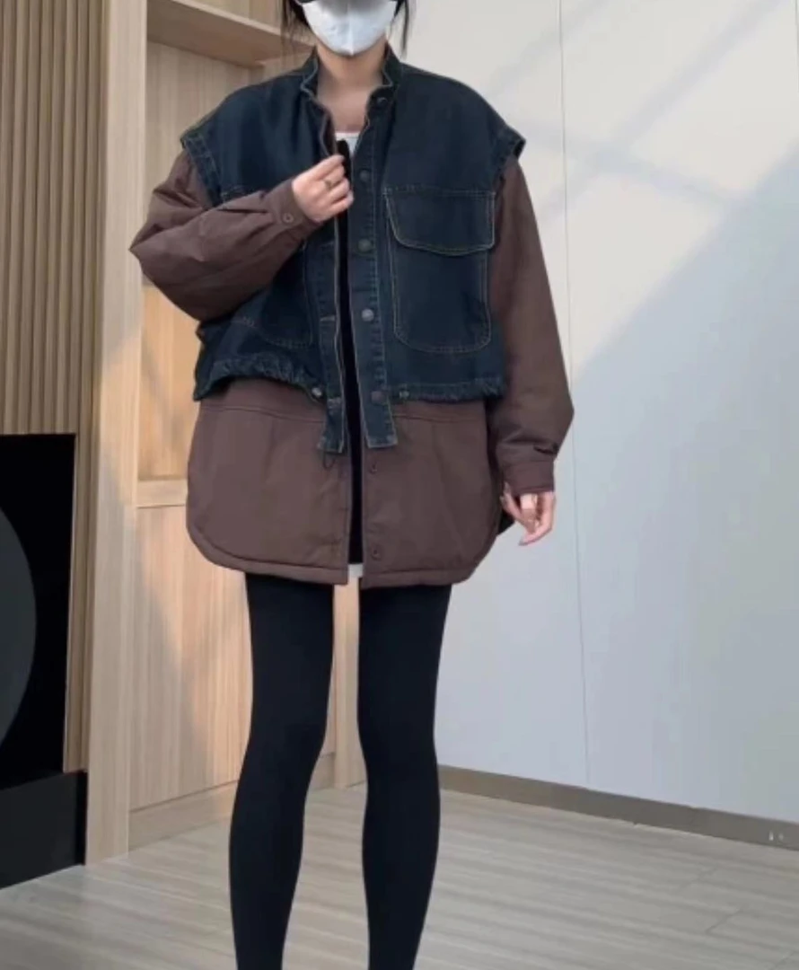 【倩倩】秋冬新款时尚百搭休闲欧货重工牛仔拼接假两件女士外套