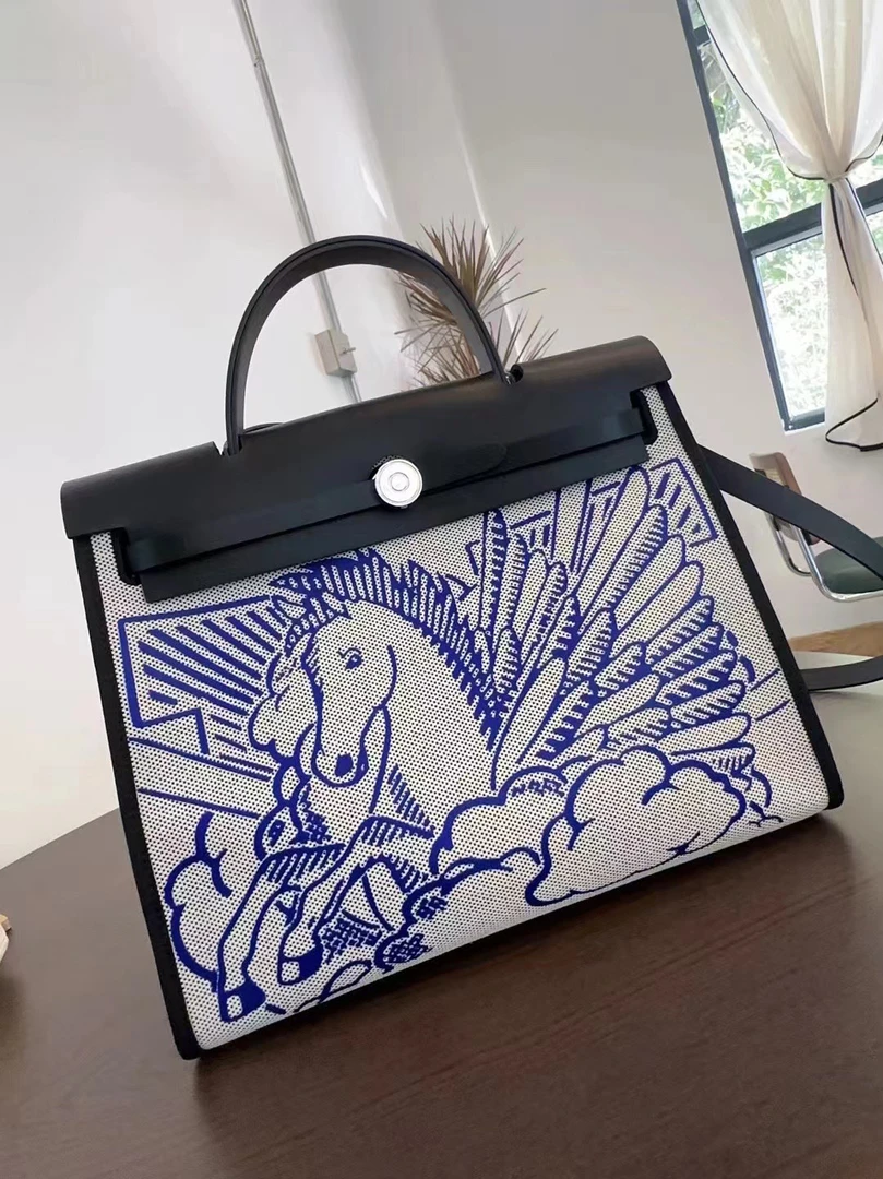 Herbag头层牛皮配帆布31cm单肩斜挎包