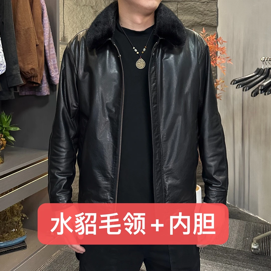 【西卡诺】头层小牛皮冬款加厚带毛领翻领飞行服皮夹克内胆可脱卸