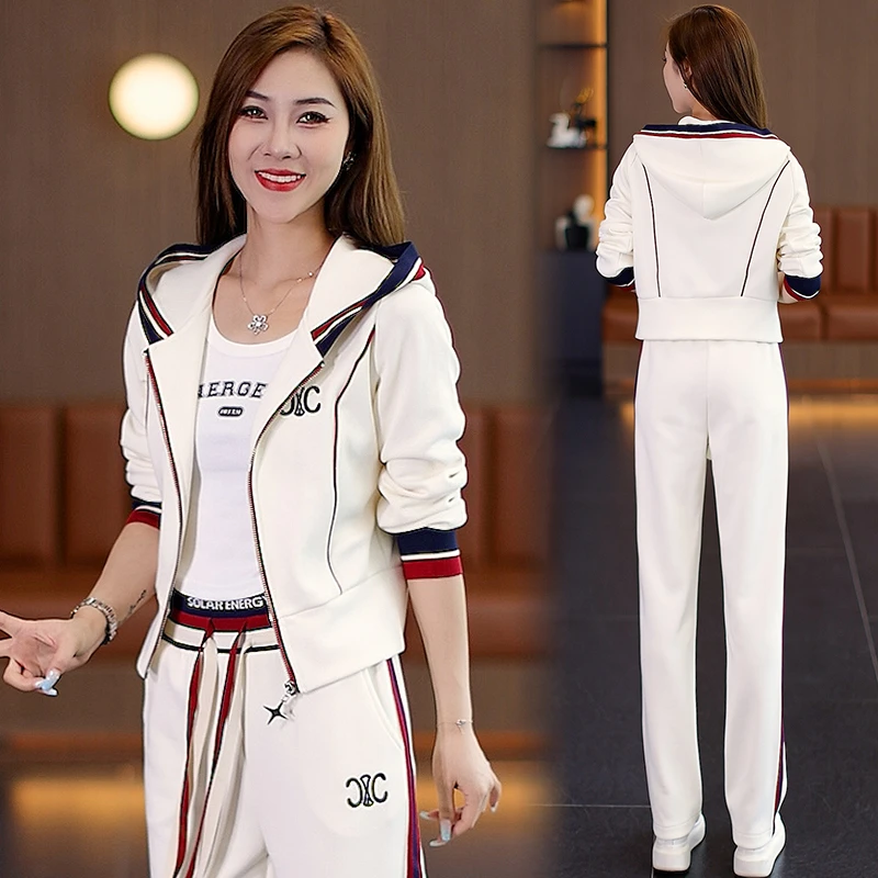 【梅子精选】春秋季时尚显瘦气质洋气连帽减龄小个子直筒裤运动套装