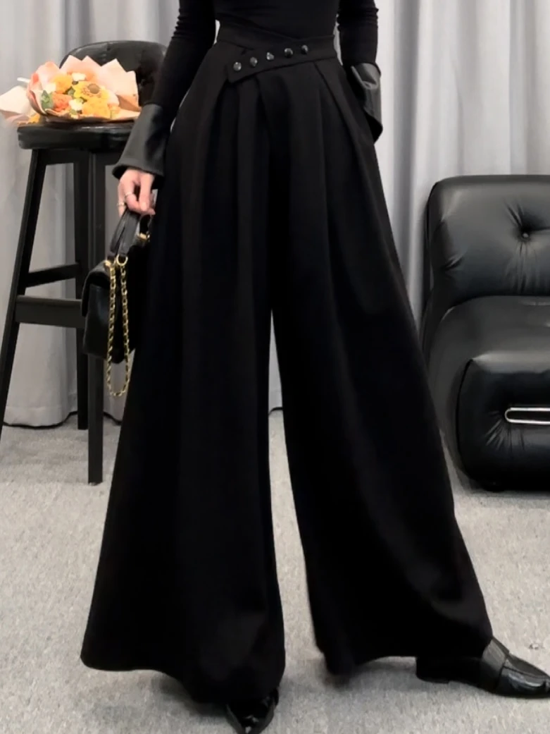 S1582秋冬纯色加厚可调节斜扣裙裤女高腰显瘦遮肉休闲阔腿裤