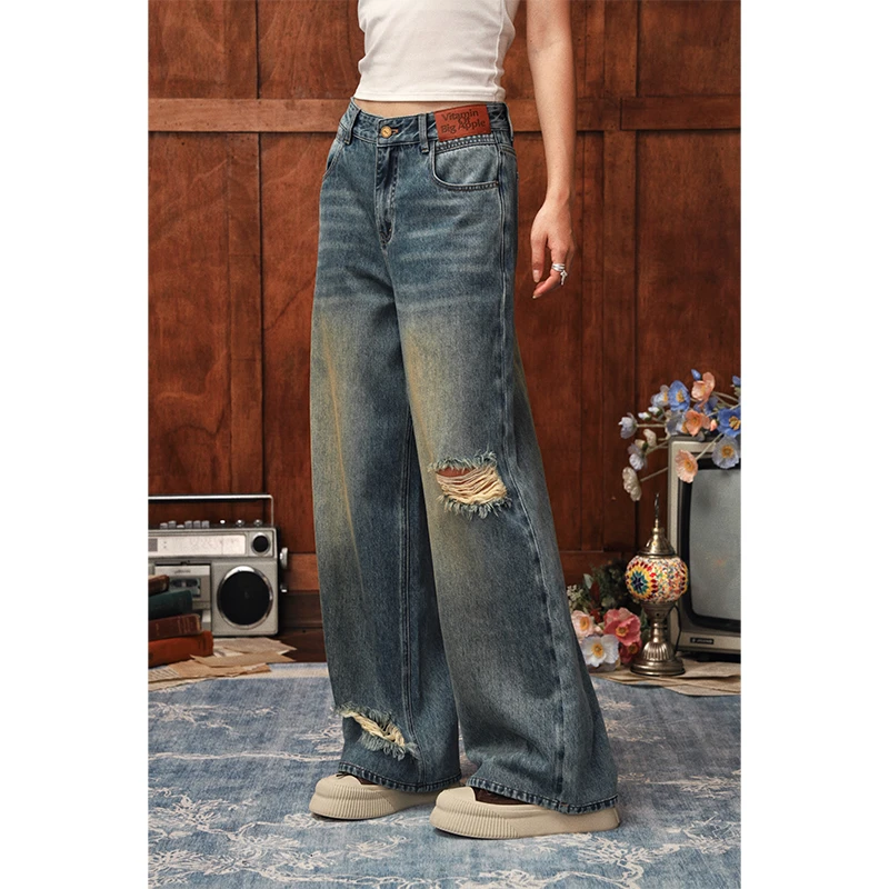 24新品 百搭公式 水洗破洞牛仔裤窄版阔腿直筒拖地遮肉长裤