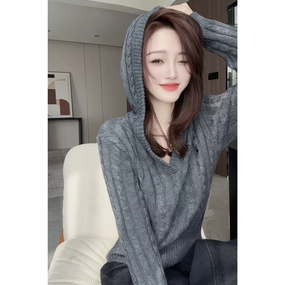 时尚麻花连帽小毛衣气质慵懒宽松长袖针织衫24100903