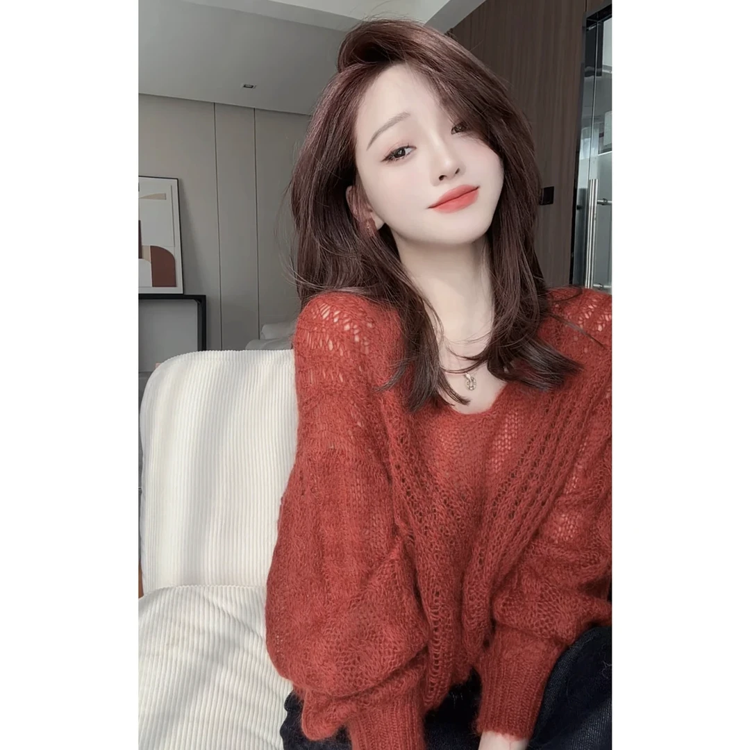 气质女人味镂空马海毛毛衣宽松慵懒长袖针织衫24100805