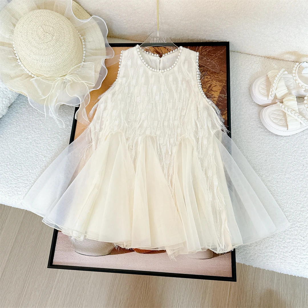 女童夏季2024新款儿童生日礼服裙洋气时尚纯色无袖公主裙
