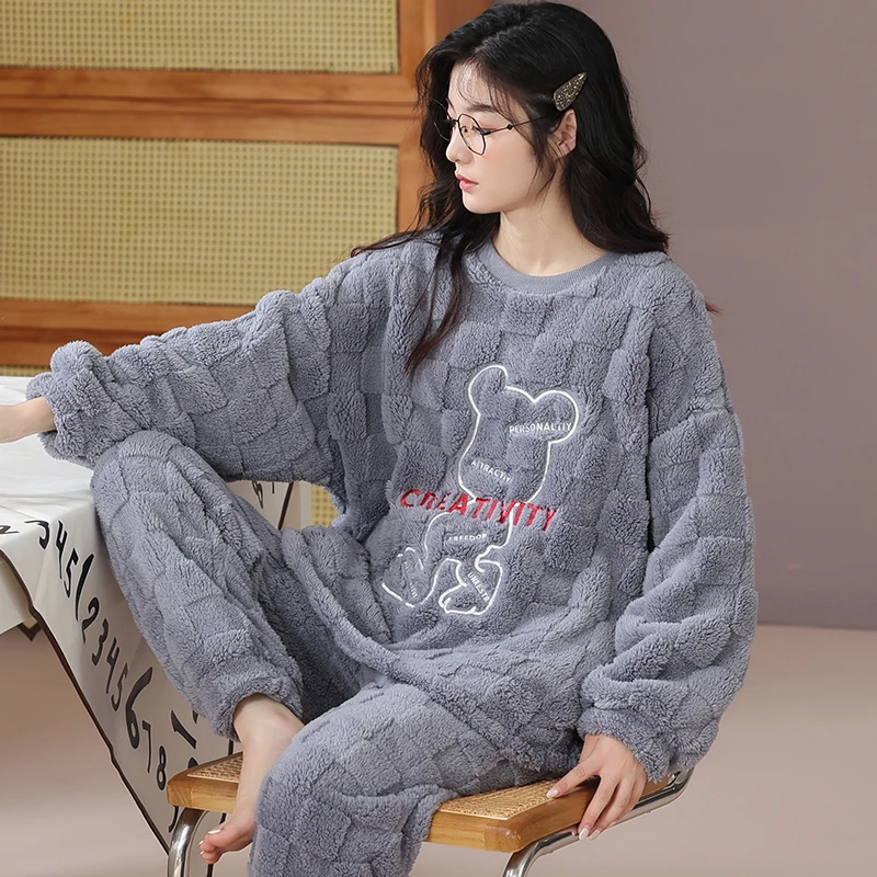 卡之恋睡衣女冬季珊瑚绒加厚加绒法兰绒毛茸茸学生宿舍家居服套装