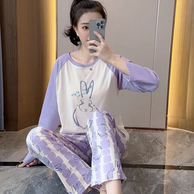 卡之恋睡衣女春秋纯棉带胸垫长袖套头乖乖兔绘画家居服套装两件套