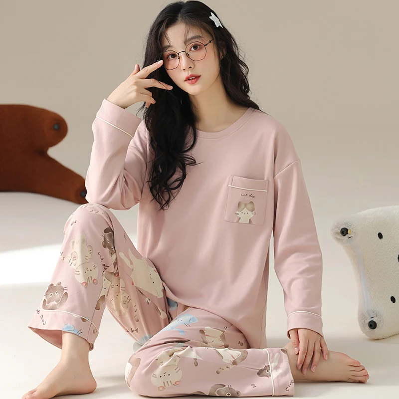 卡之恋睡衣长袖纯棉圆领春秋季少女粉卡通动漫猫咪长裤套装家居服