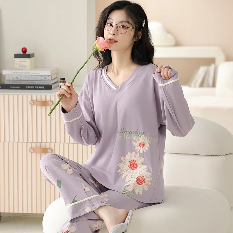卡之恋睡衣女长袖薄款春秋纯棉温柔风紫色花朵油画设计感家居服