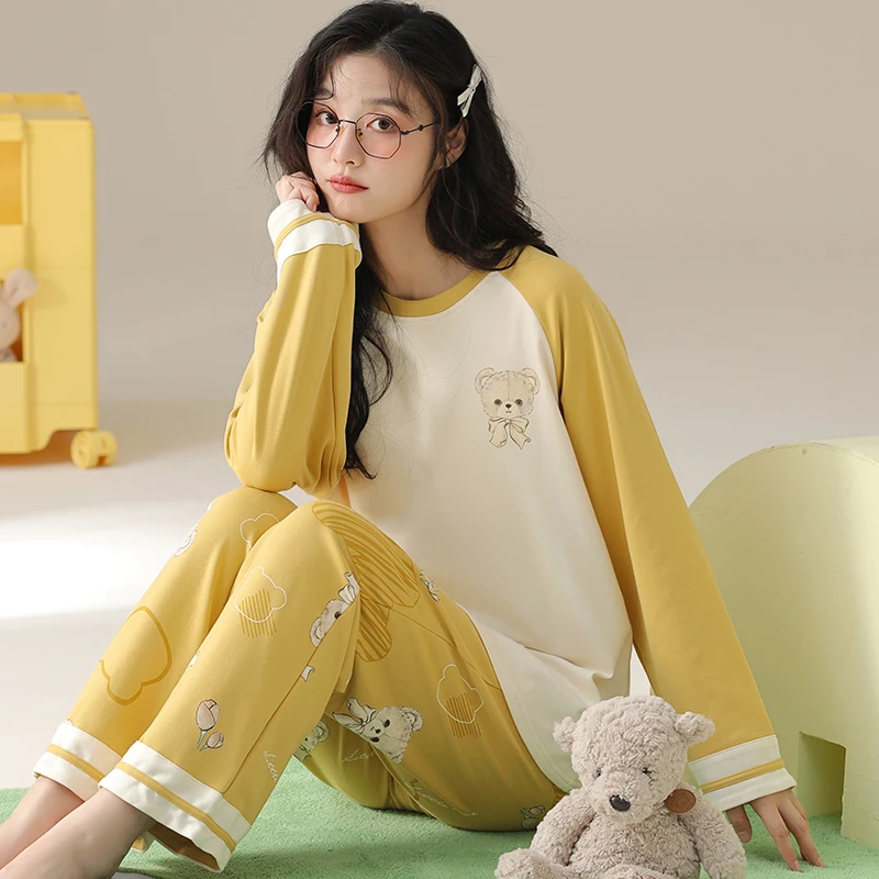 卡之恋睡衣长袖长裤套装春秋季薄款纯棉奶黄色甜美少女小熊家居服