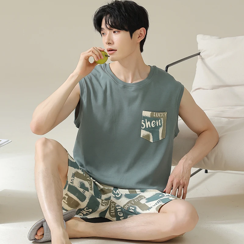 卡之恋睡衣纯棉夏季男士坎肩背心短裤字母涂鸦初中生青年家居服