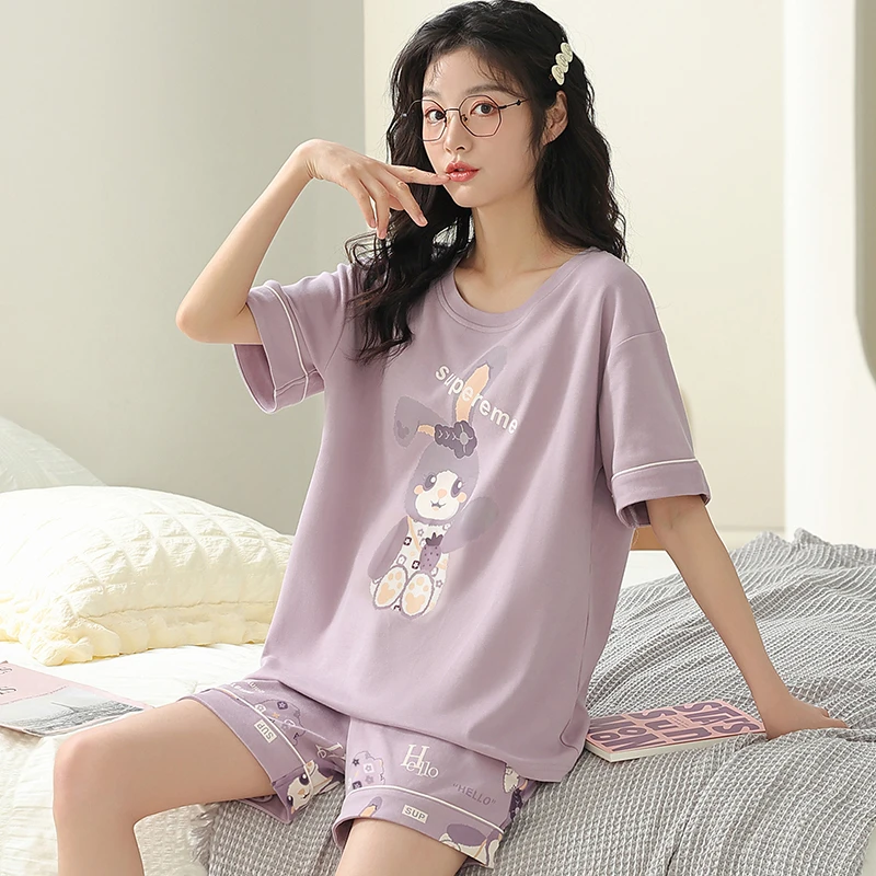 卡之恋睡衣女士纯棉夏季短袖紫色薄款兔子卡通奶乎乎薄棉家居服