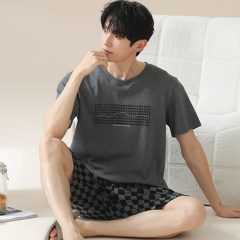 卡之恋睡衣男纯棉薄款短袖短裤格子青少年运动可外穿家居服两件套