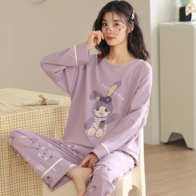 睡衣女款2025年新款长袖春秋季纯棉紫色兔子宽松秋冬款全棉套装