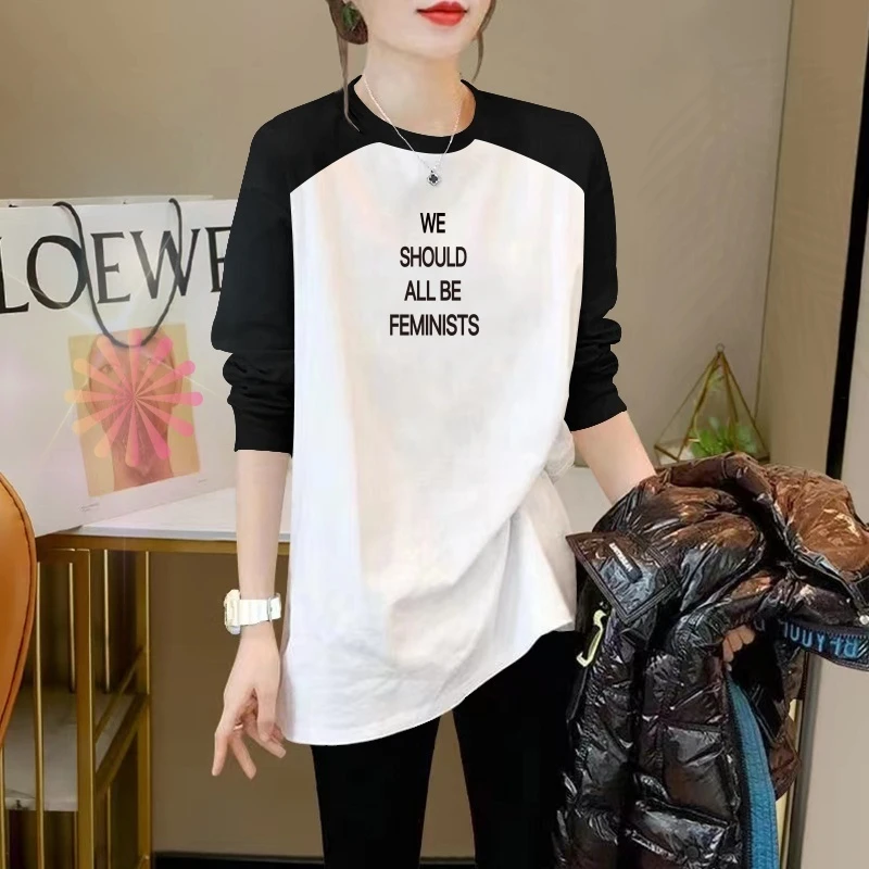 纯棉大版长袖t恤女春秋新款宽松大码中长款洋气白色正肩圆领上衣