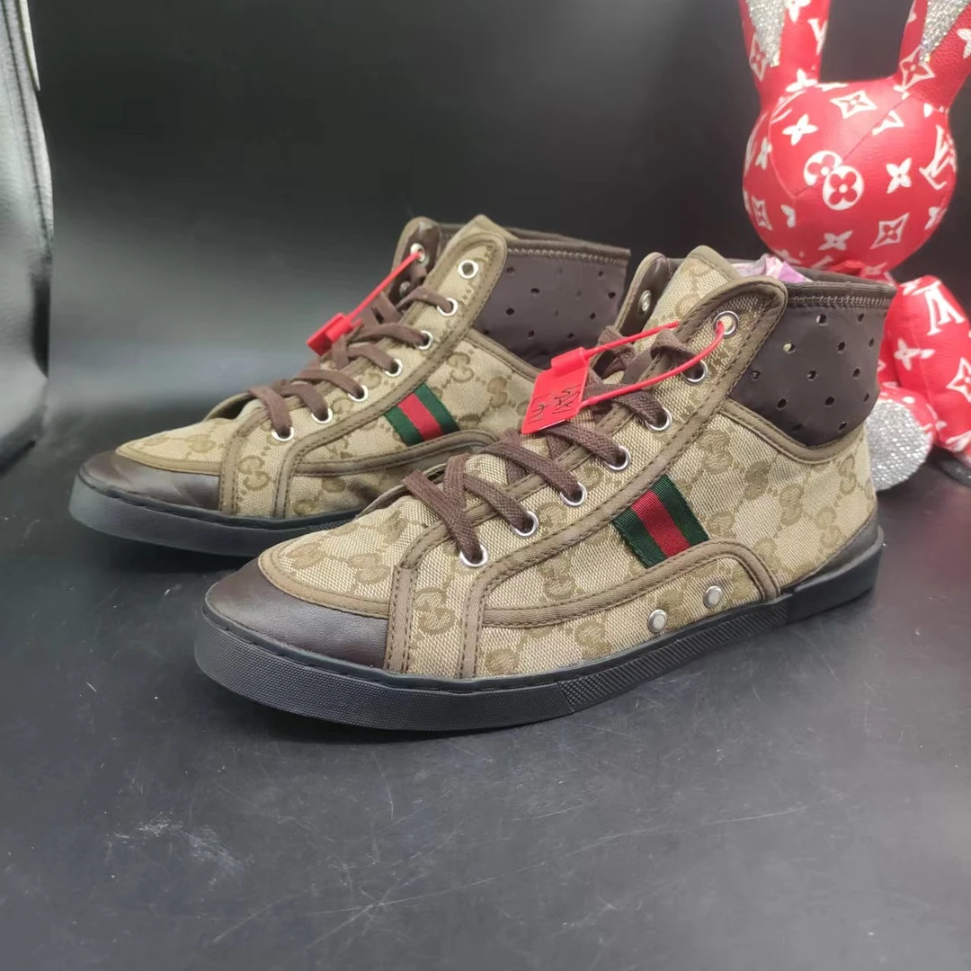 【147特惠】GUCCI古驰 男款经典棕色老花高帮板鞋包裹舒适38欧正品