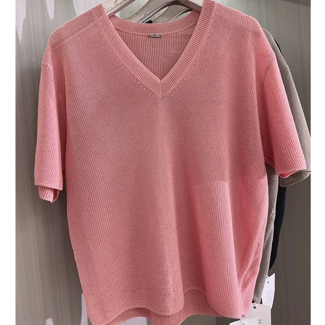 6077#欧洲站夏季天丝亚麻针织衫短袖上衣女，胸围110，长54纯色