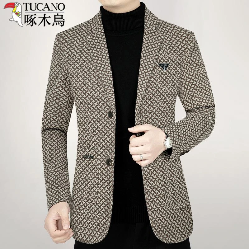 啄木鸟2023秋季男士休闲西服单件上衣中年羊毛小西装外套春秋修身