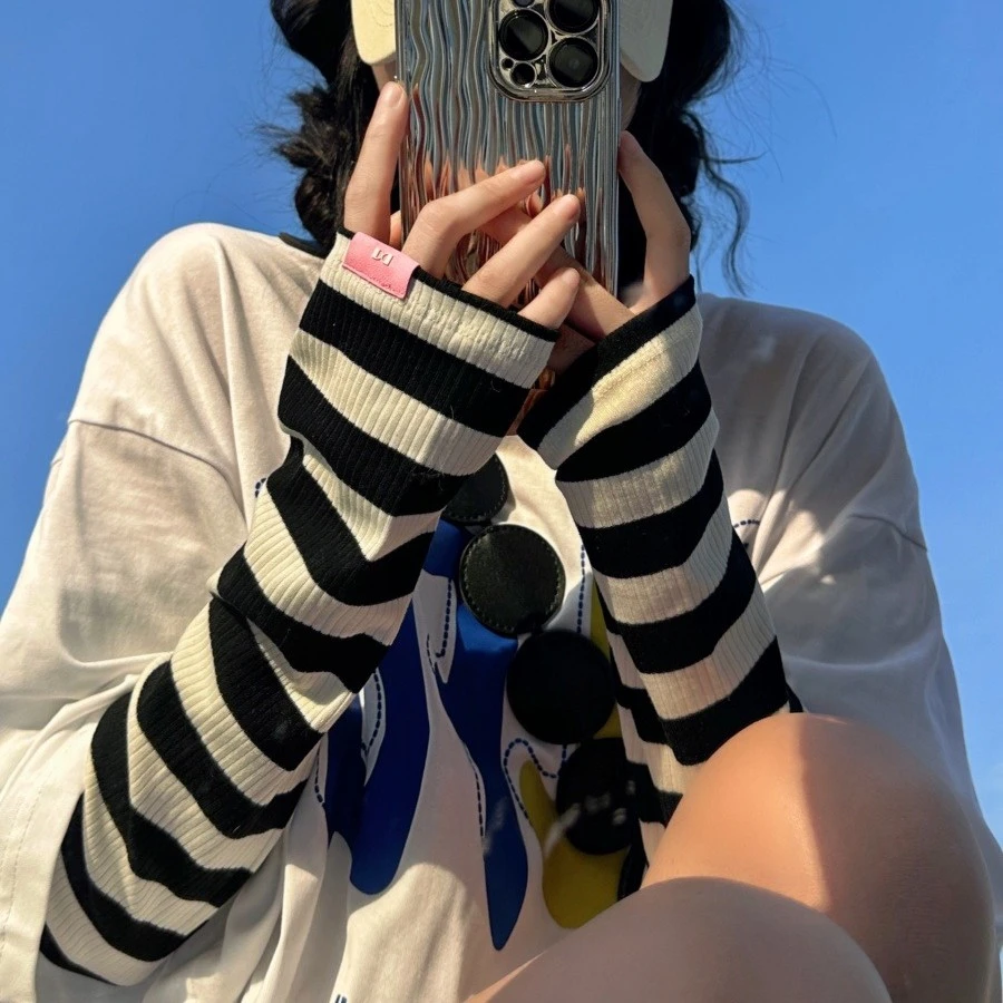 黑白条纹防晒袖套女宽松夏季开车骑行遮阳防紫外线冰袖户外长手套