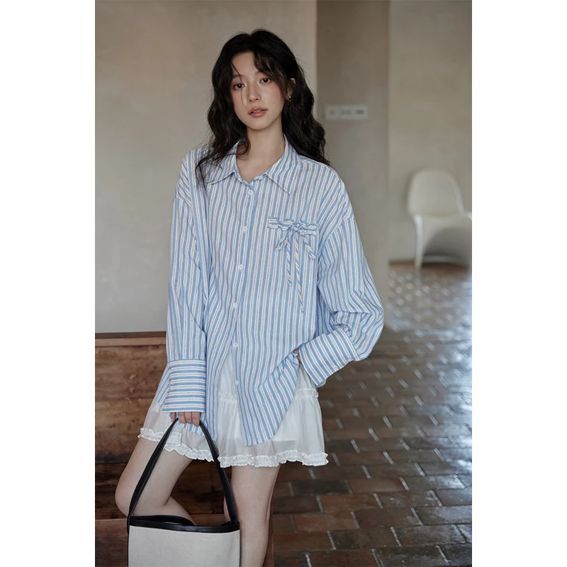 Seemon现货秋设计感小众学院风百搭长袖休闲条纹衬衫上衣女C18595
