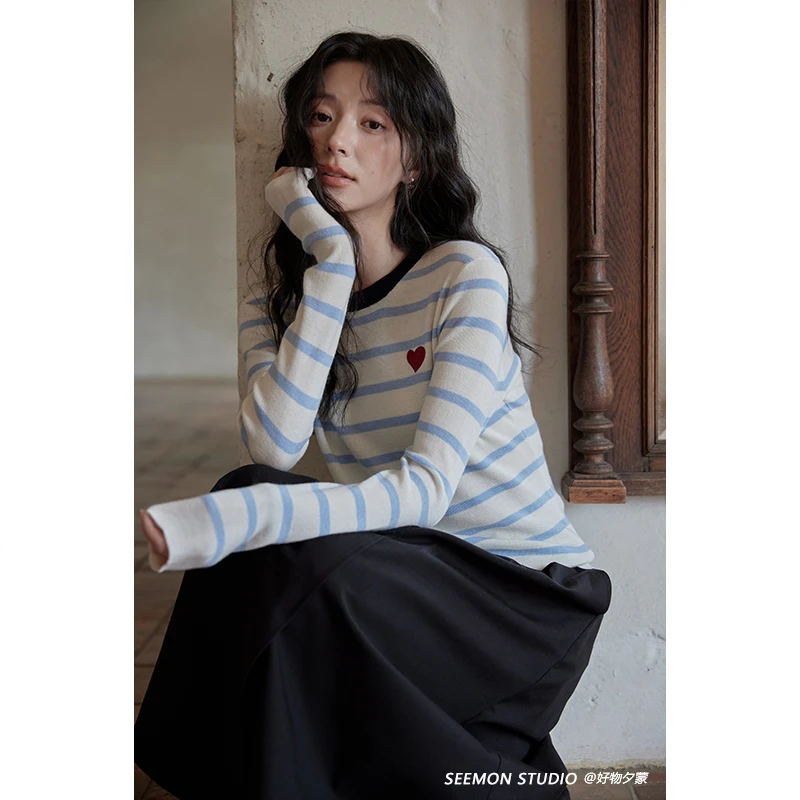 seemon现货秋季正肩长袖内搭打底衫蓝色条纹针织衫上衣女M10237