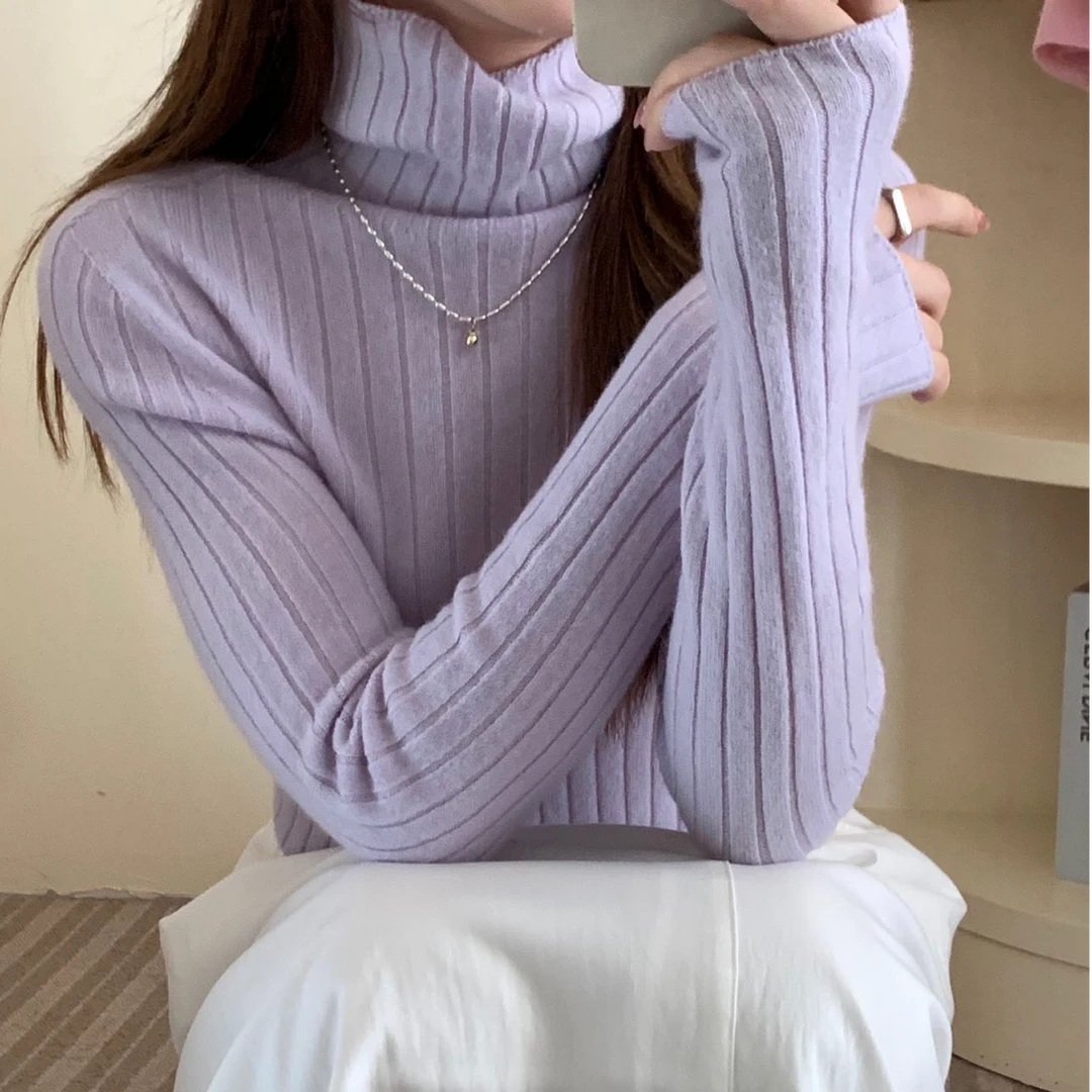 100%纯羊毛无缝一体衫冬季女士绵羊毛树坑条高领全羊毛衫