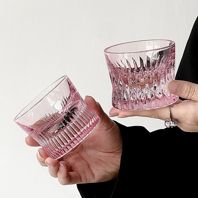 粉色刻花威士忌酒杯女生精致家用浮雕小酒杯水晶玻璃杯白酒喝水杯