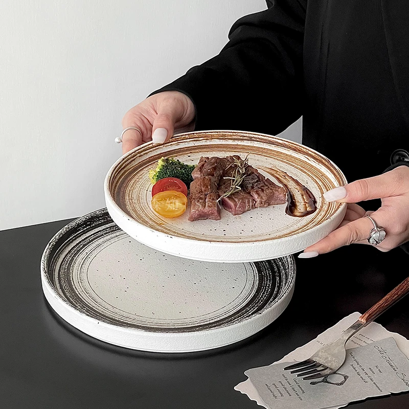 复古陶瓷圆盘高颜值创意牛排意面盘家用精致西餐盘沙拉盘甜品盘子