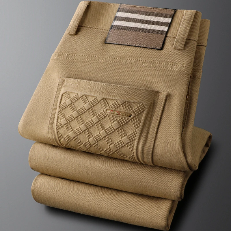 轻奢2024春季卡其色休闲牛仔裤男修身小直筒棉质透气男士商务裤子