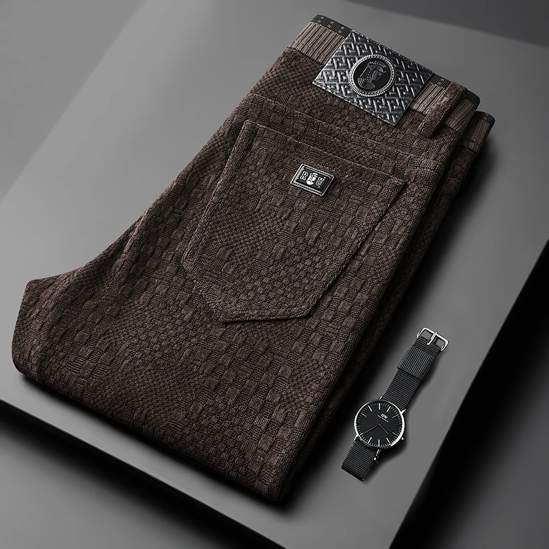 轻奢提花纹秋冬厚款针织休闲男裤深咖色弹力大码商务长裤高腰百搭