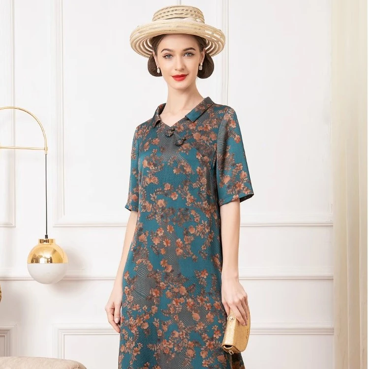 法式五分袖印花宽松大尺码气质显瘦洋装女2025春夏新款裙子妈妈装
