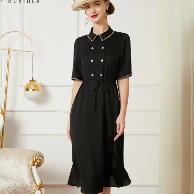 2025年春夏季新款黑色优雅洋装女POLO领大尺码宽松显瘦妈妈装
