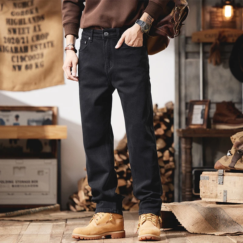 经典小黑牛抗皱陆地棉黑色牛仔裤男款宽松直筒原色弹力休闲长裤子