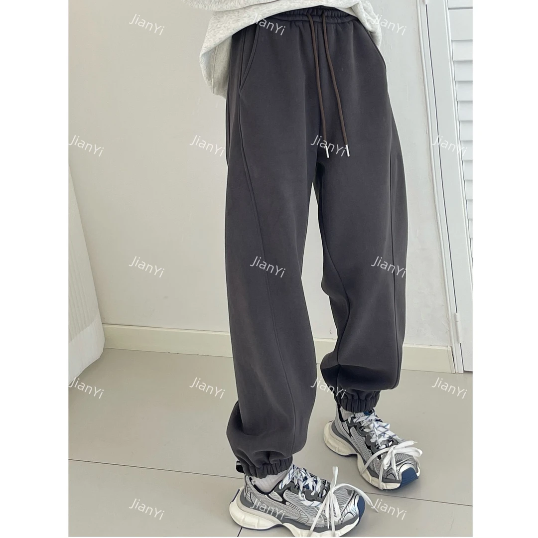 冬季新款加绒加厚裤腿拼接显瘦抽绳松紧腰百搭休闲束脚卫裤-6672