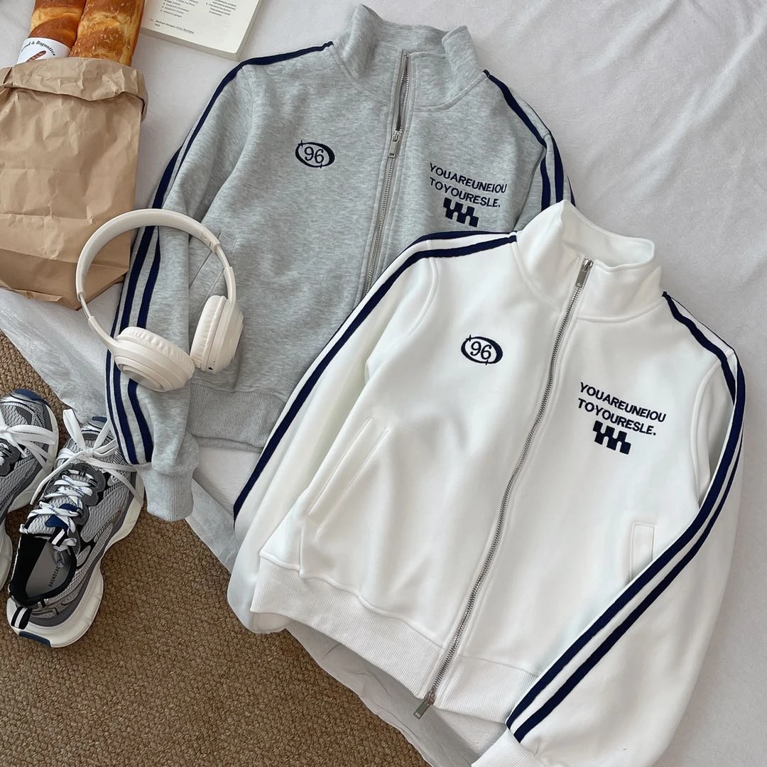 【学院风】美式短款拉链开衫女拼色立领休闲时尚百搭外套-6612