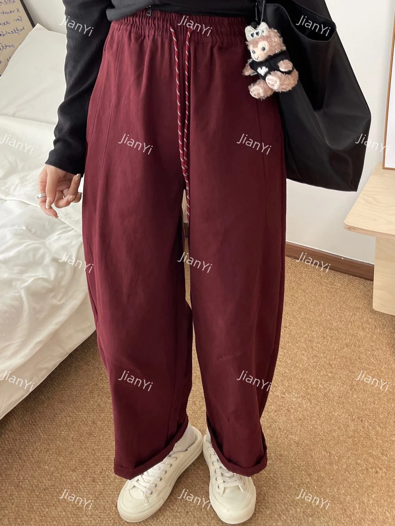 新款韩版设计感宽松直筒显瘦弯刀裤松紧腰抽绳气球裤S-6637