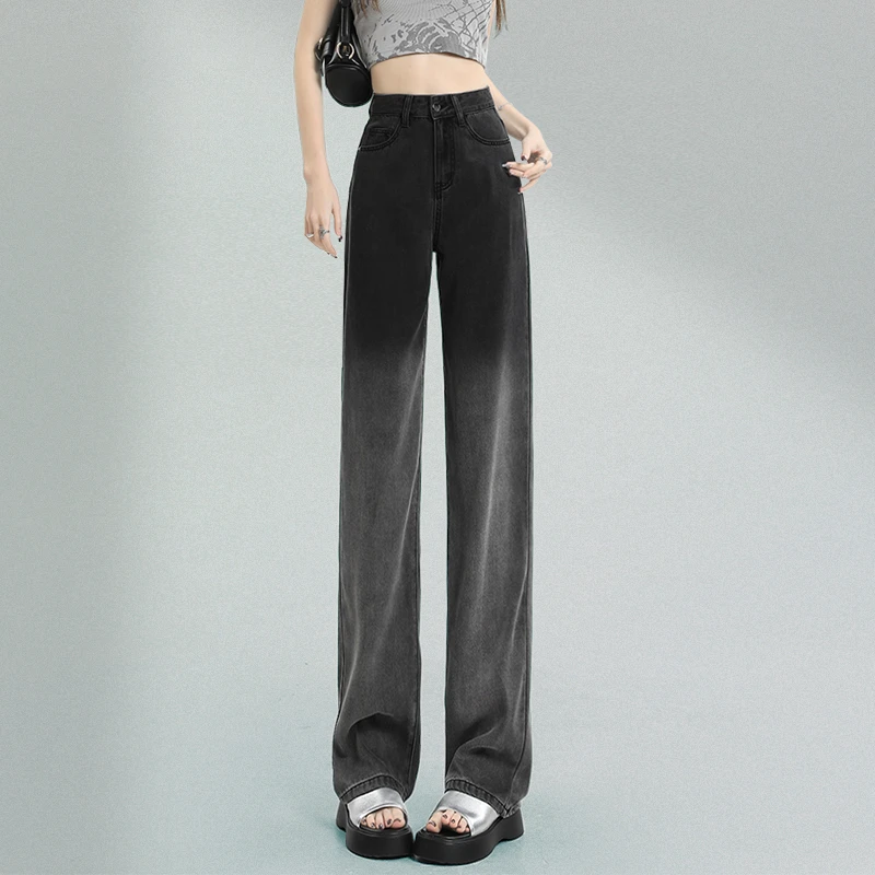 窄版天丝阔腿牛仔裤女夏季薄款高腰垂感显瘦时尚渐变色拖地直筒裤