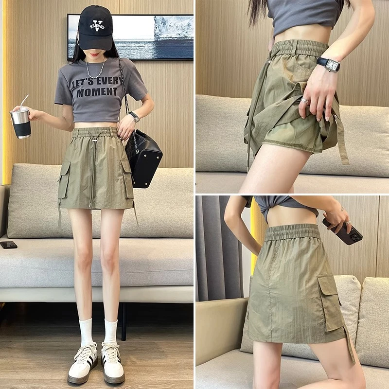 冰丝速干工装短裙女夏季薄款高腰显瘦半身裙美式复古辣妹包臀裙子