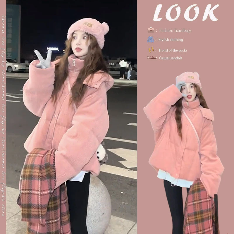 【现货】2025秋冬新款韩系减龄连帽保暖面包服外套加绒鲨鱼裤两件套
