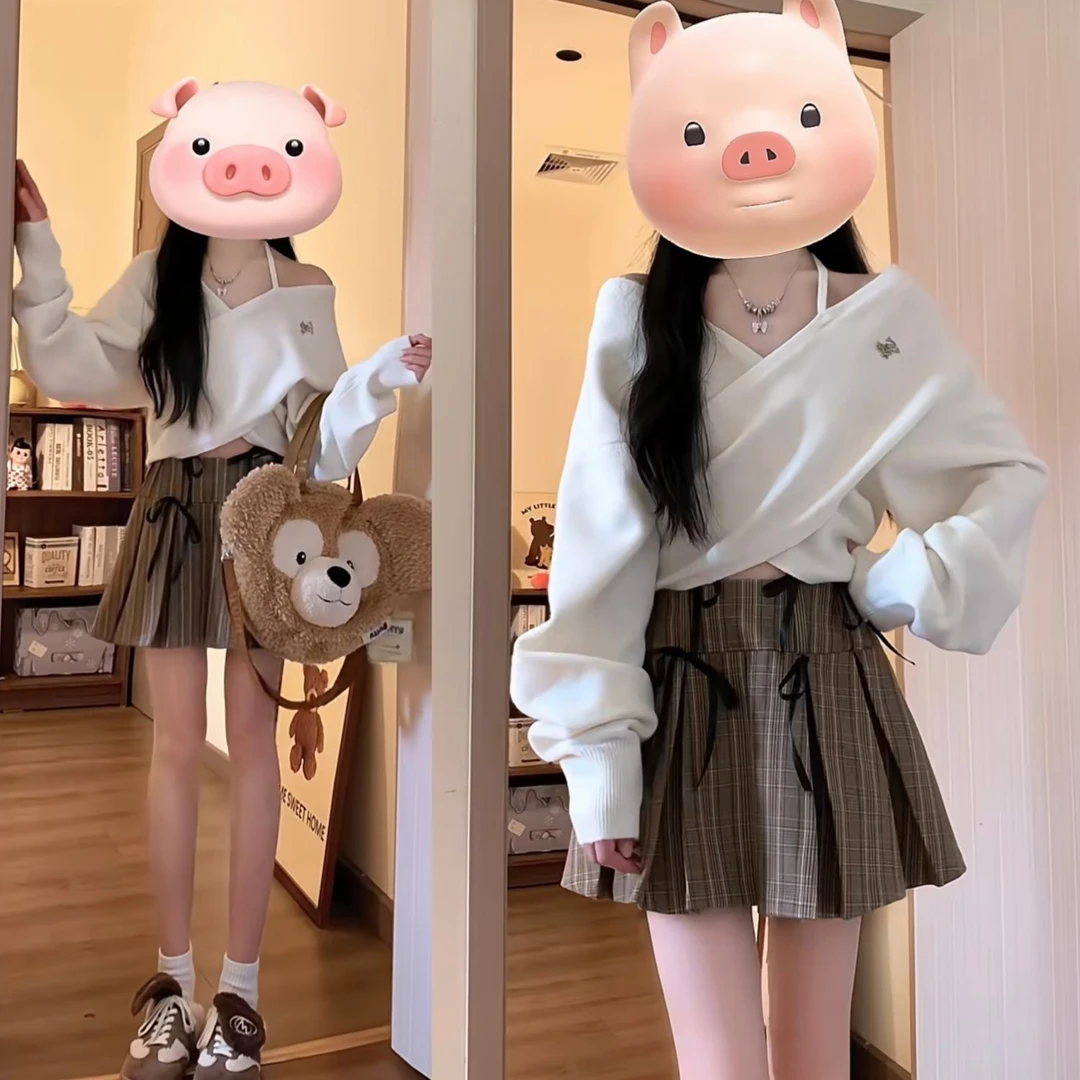 早春时尚穿搭一整套2025新款韩版纯欲露肩长袖设计感半身裙两件套