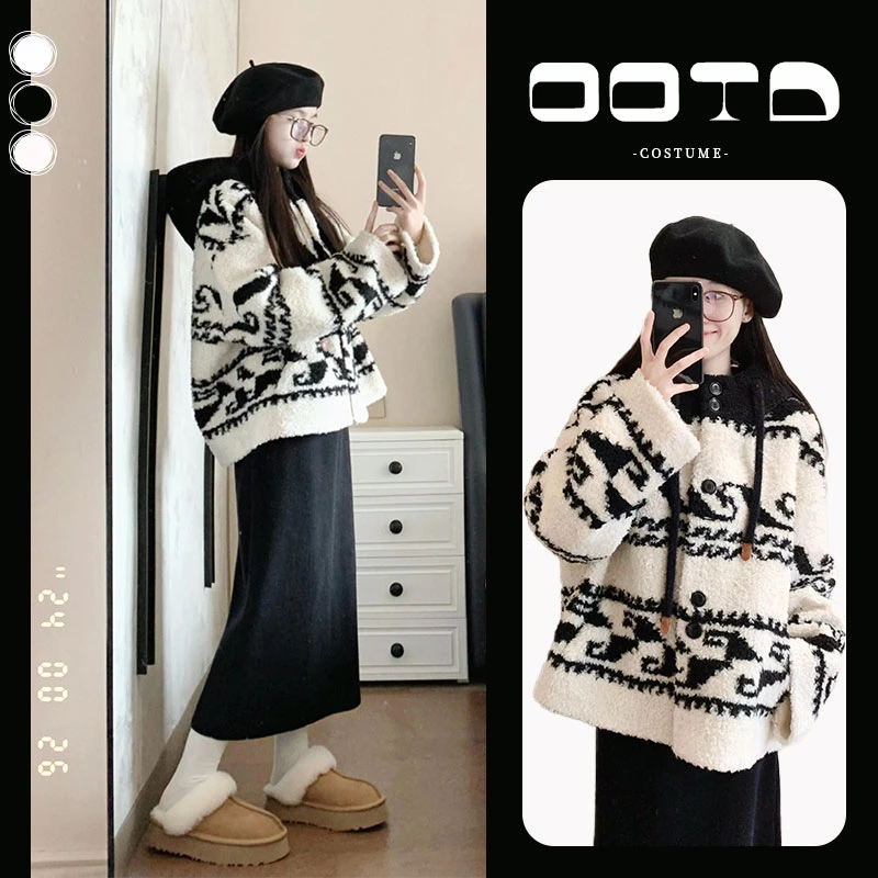 秋冬2024新款韩版高级感连帽保暖毛绒外套高腰显瘦半身裙两件套装