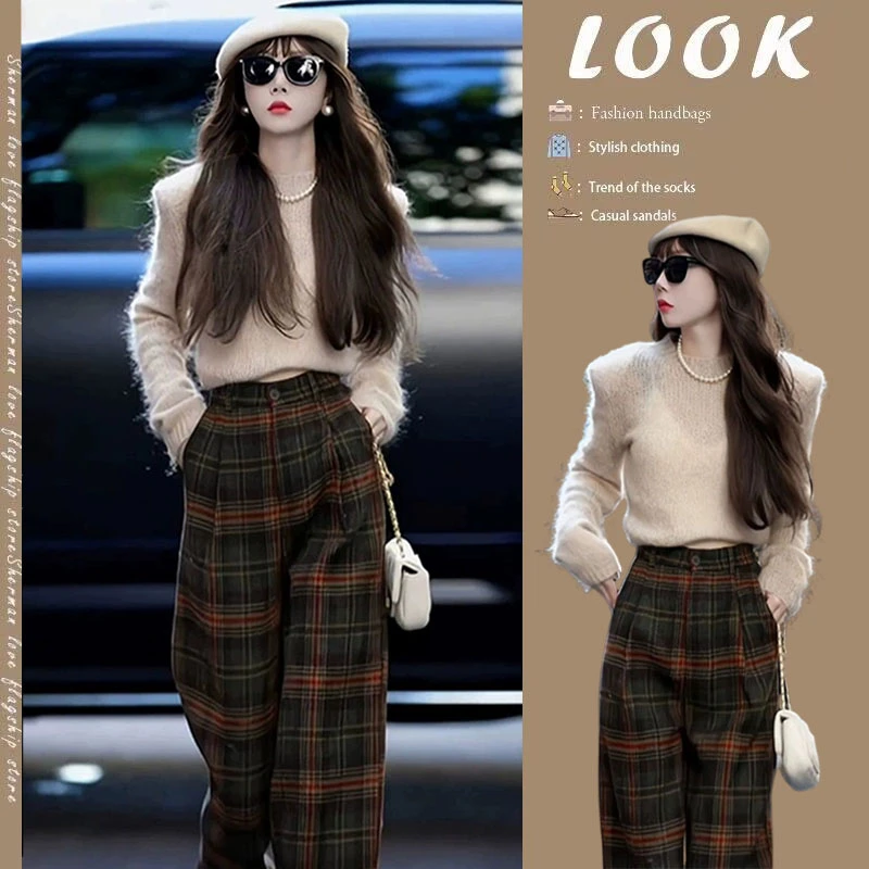 2024秋季穿搭一整套女新款韩版显高慵懒风针织毛衣格纹裤子两件套