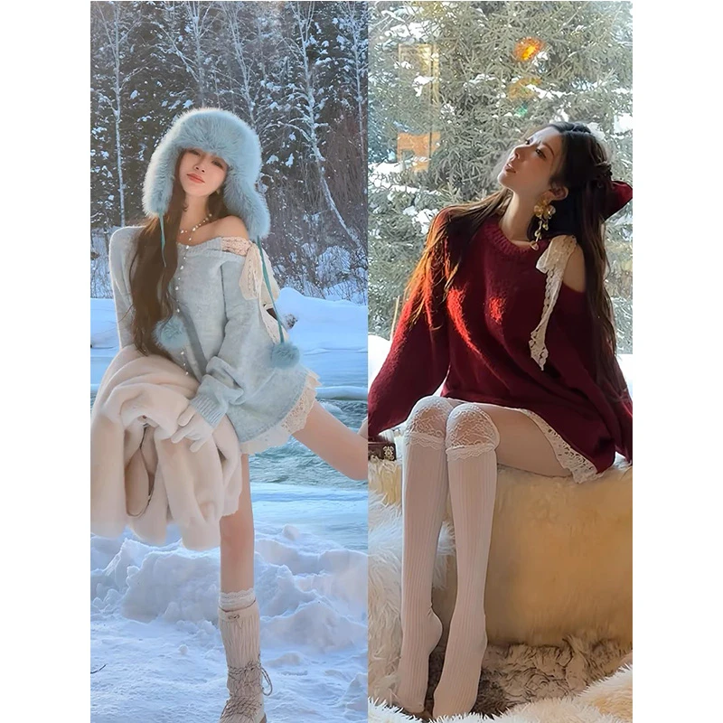 【现货】圣诞穿搭韩系蕾丝蝴蝶结系带针织衫毛衣秋冬宽松温柔毛衣女