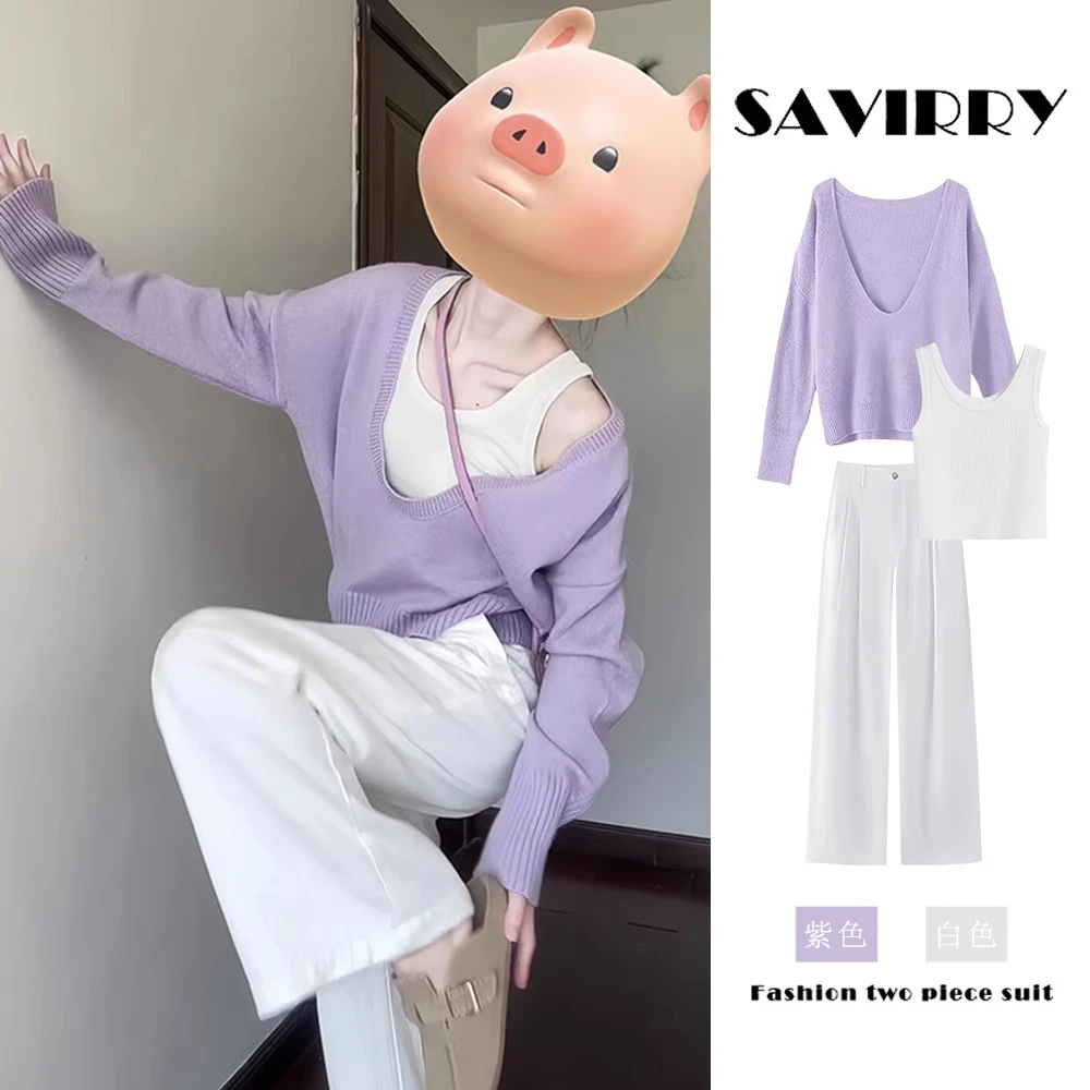 秋季流行穿搭2024新款韩版小众设计大V领针织衫上衣阔腿裤两件套