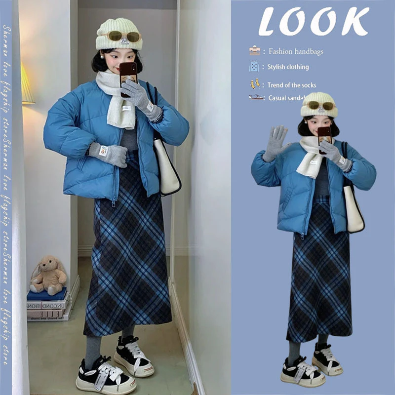 2024秋冬季新款休闲短款面包服保暖加厚外套女高腰半身裙两件套装