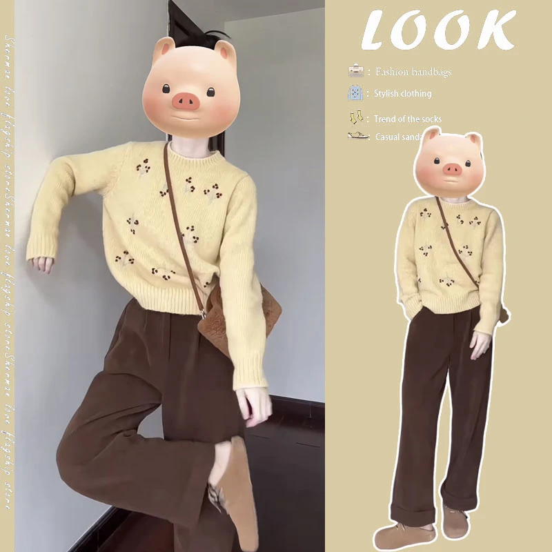 【现货】2025秋冬新款韩系减龄百搭套头针织衫高腰休闲阔腿裤两件套