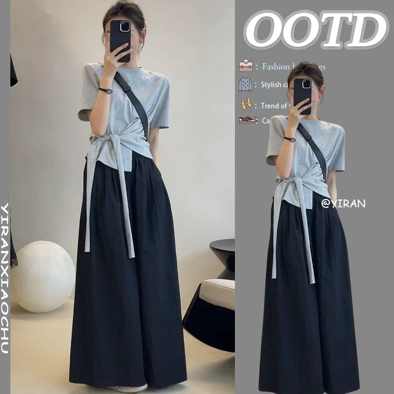 夏季套装女2024新款韩版时尚设计感绑带短袖上衣休闲阔腿裤两件套