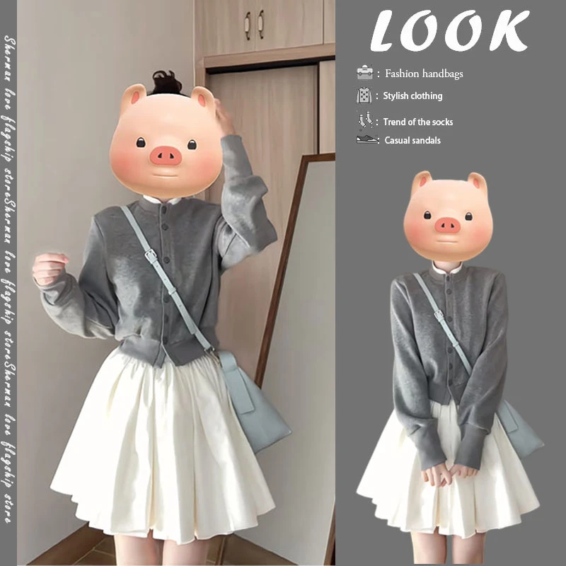 2024秋季新款韩系穿搭一整套简约百搭开衫上衣显瘦百搭短裙两件套