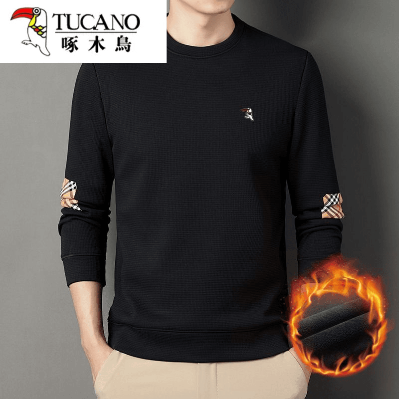 啄木鸟新款冬季华夫格圆领加绒加厚毛衣男装保暖T恤打底衫卫衣上