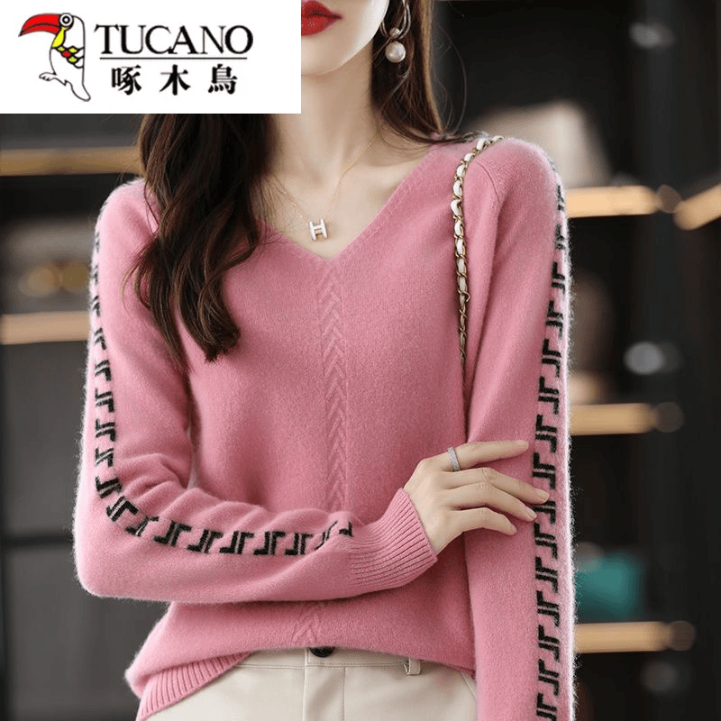 啄木鸟秋冬新款v领羊毛衫女羊毛宽松针织打底衫显瘦洋气羊绒毛衣